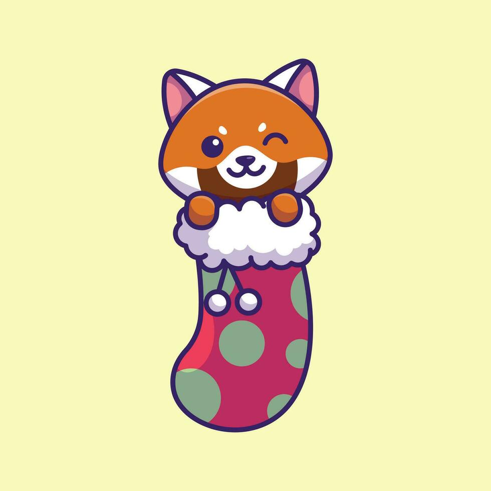 Cute red panda in christmas sock simple cartoon vector illustration christmas concept icon isolated