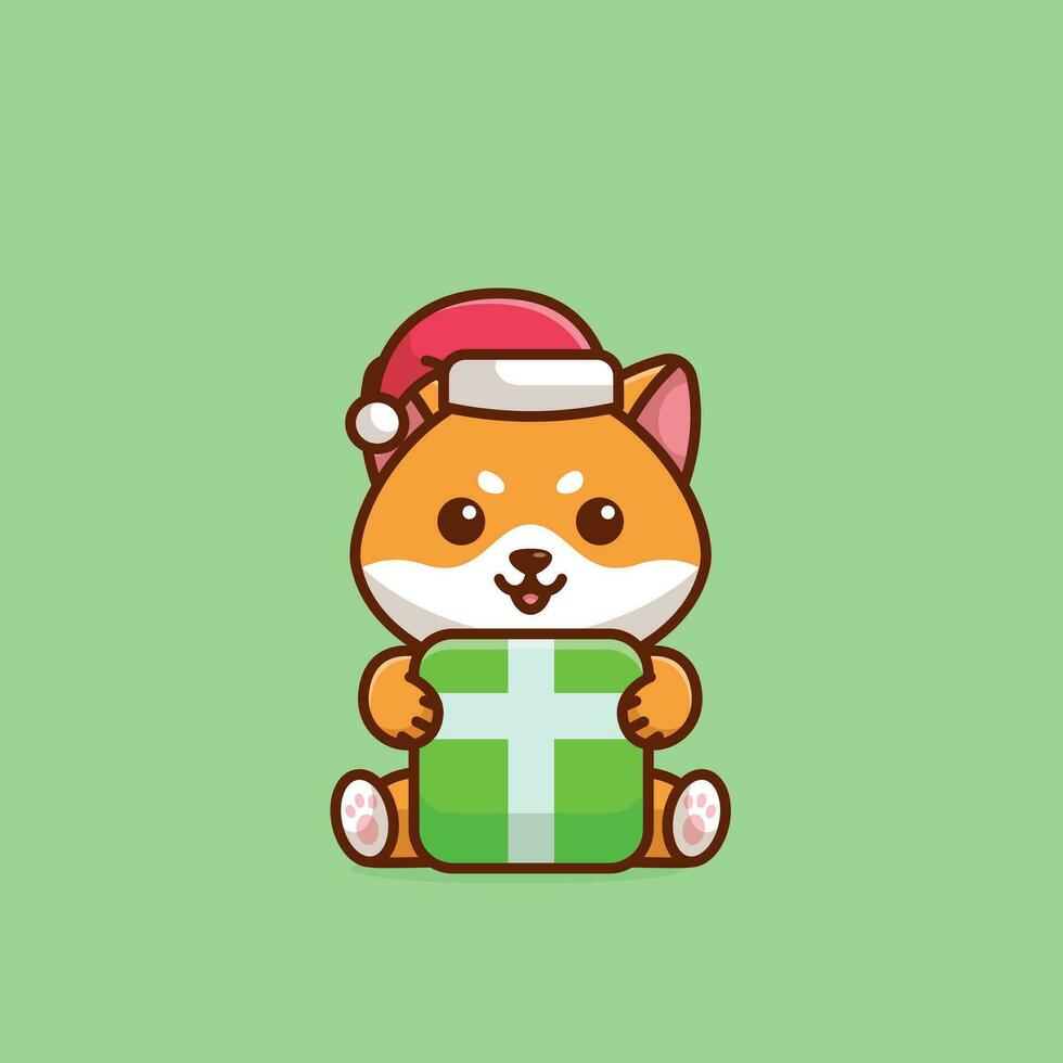 Cute shiba inu huge christmas gift box simple cartoon vector illustration christmas concept icon isolated