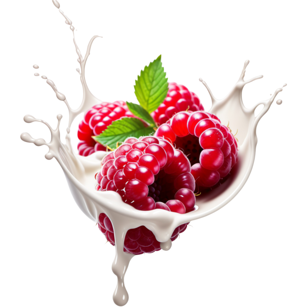 Realistic Raspberries in milk splash. AI Generative png