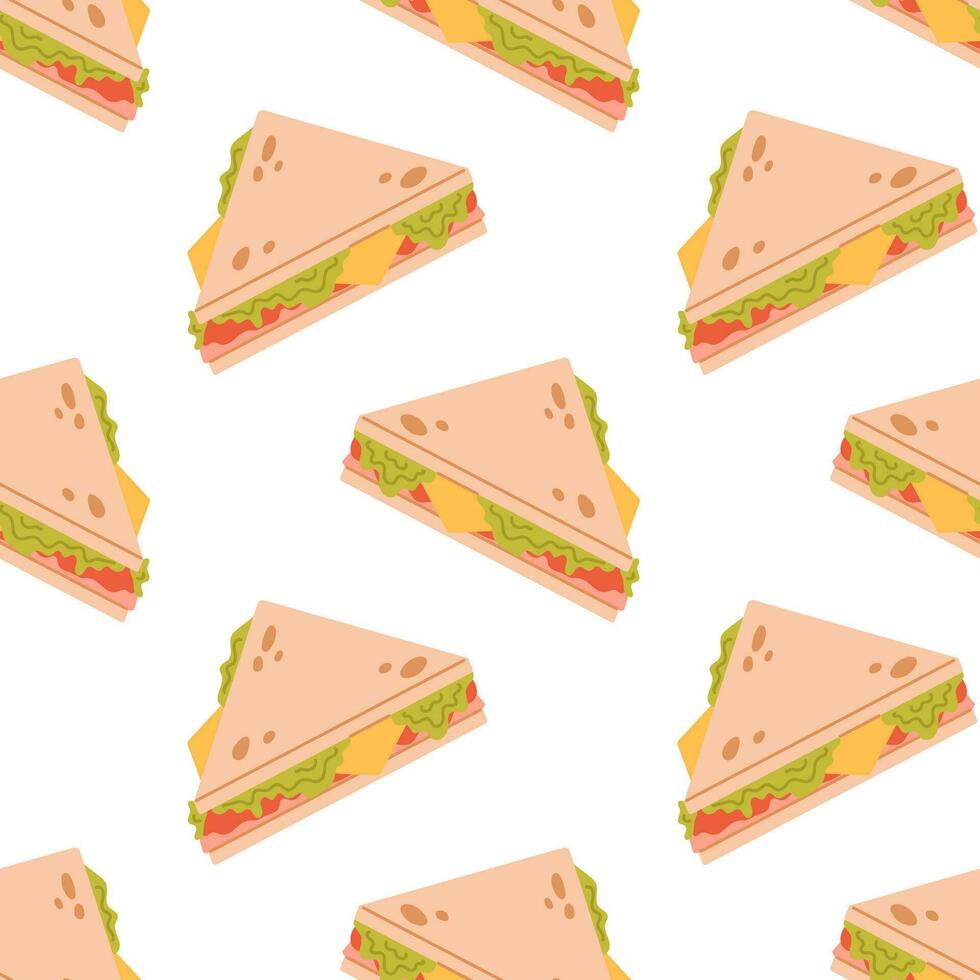 Vector seamless pattern with ham, cheese and vegetable sandwich. American fast food on white background. Print with sandwich. Wrapping paper design.