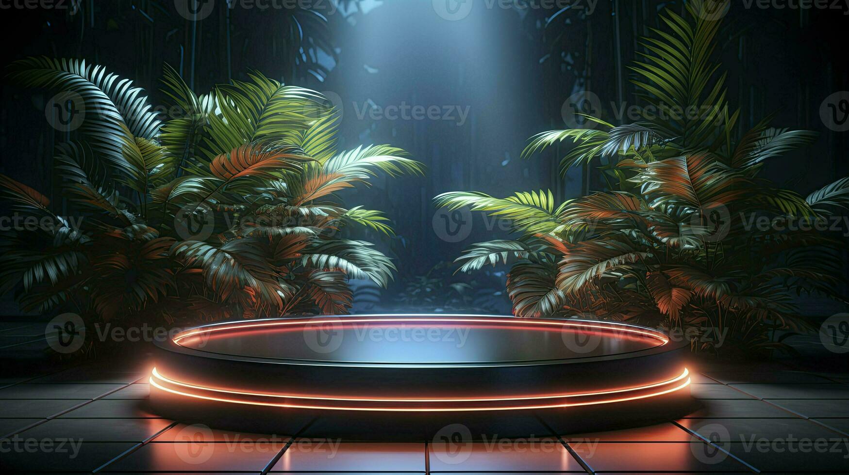 podium with lighting and plants.AI Generated photo