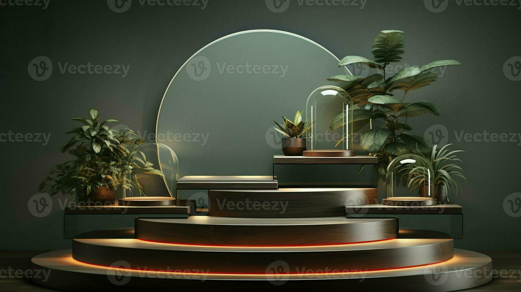 podium with lighting and plants.AI Generated photo