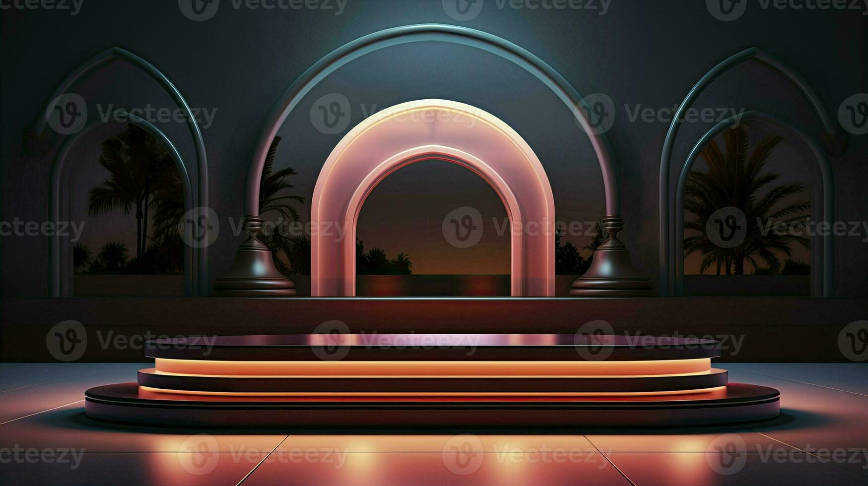 neon podium in bright psychedelic colors with backlighting. in y2k style. AI Generative photo
