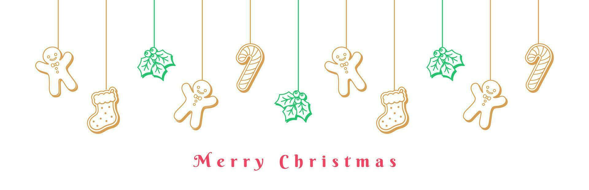 Merry Christmas Border Banner, Hanging Gingerbread Cookies and Mistletoe Garland Outline Doodle. Winter Holiday Season Header. Festive Web Banner Template. Vector illustration.