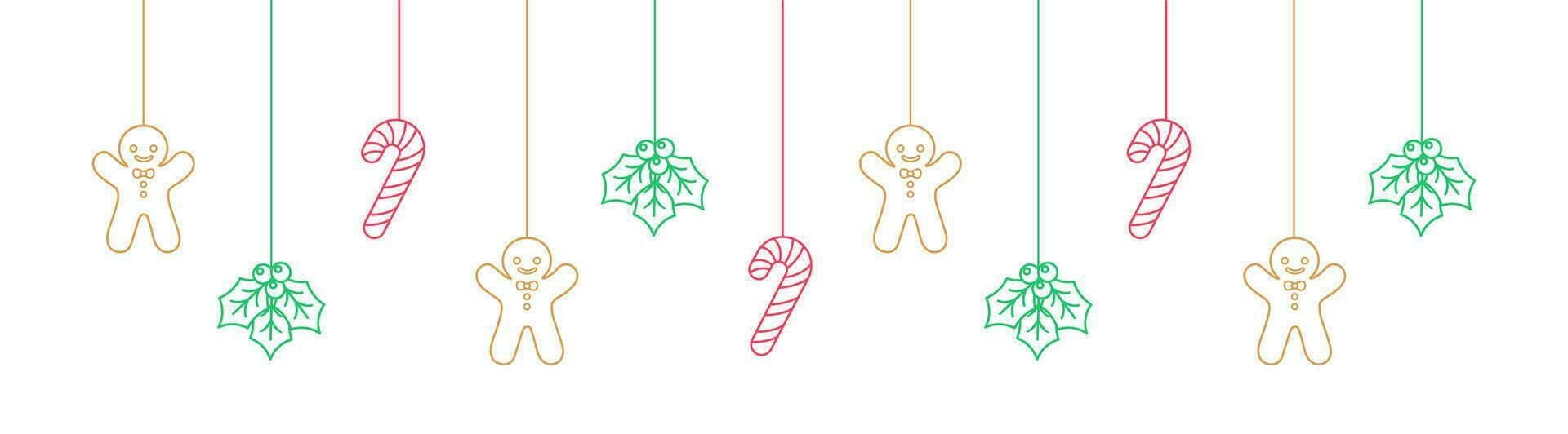 Merry Christmas Border Banner Outline Doodle, Hanging Gingerbread Cookies and Mistletoe Garland. Winter Holiday Season Header Decoration. Festive Ornaments Web Template. Vector illustration.