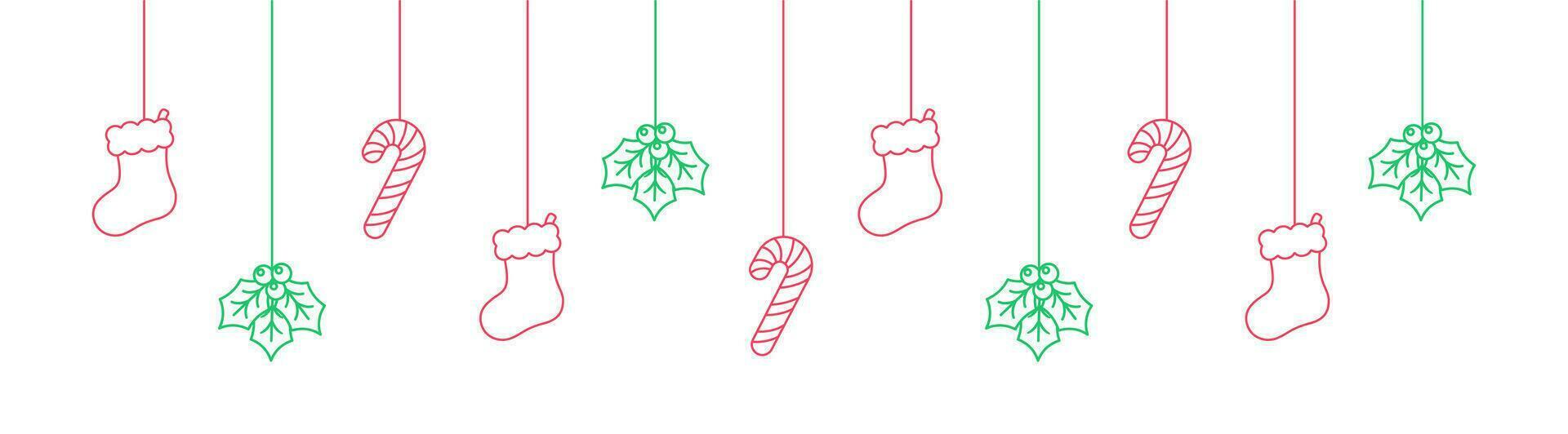 Merry Christmas Border Banner Line Art Doodle, Hanging Stocking, Mistletoe and Candy Cane Garland. Winter Holiday Season Header. Web Banner Template. Vector illustration.
