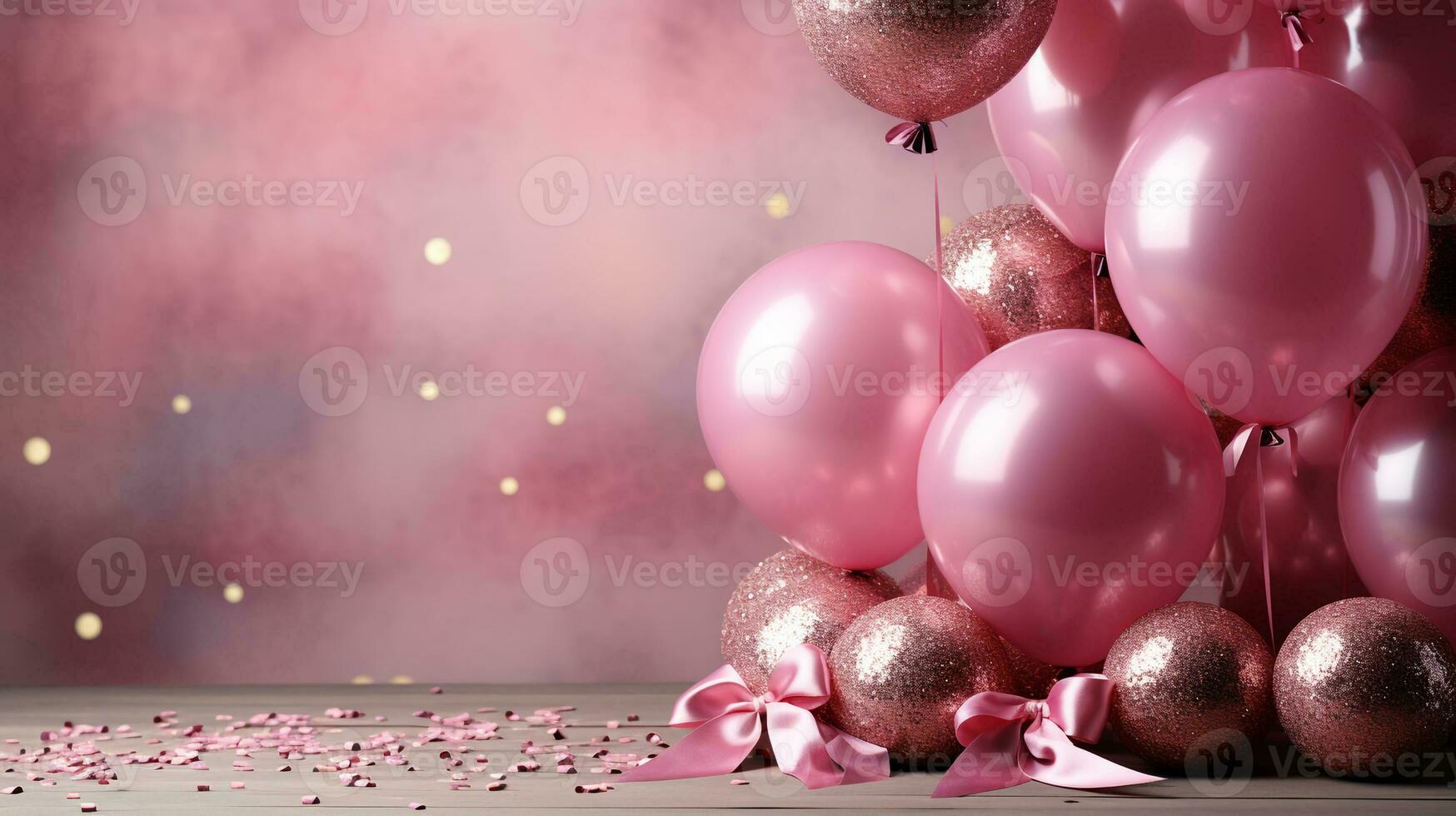 pink glamorous congratulatory background with balloons and confetti.AI Generative photo