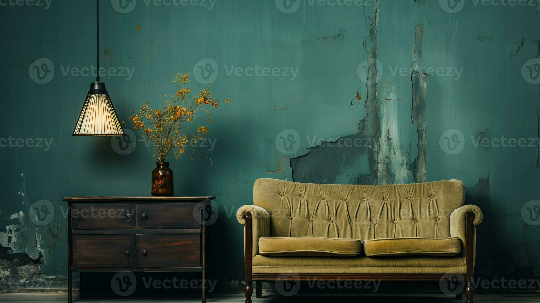 interior design in bright vintage colors with retro elements and old walls.AI Generative photo