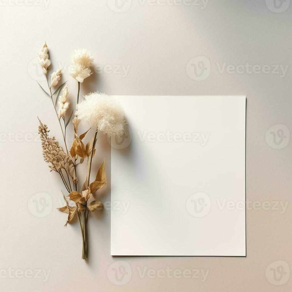 mockup with a white card and flowers in a minimalistic boho style.AI Generative photo