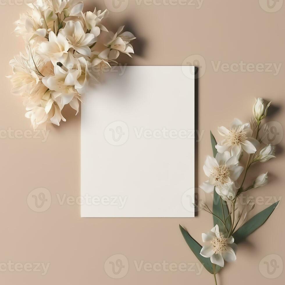 mockup with a white card and flowers in a minimalistic boho style.AI Generative photo