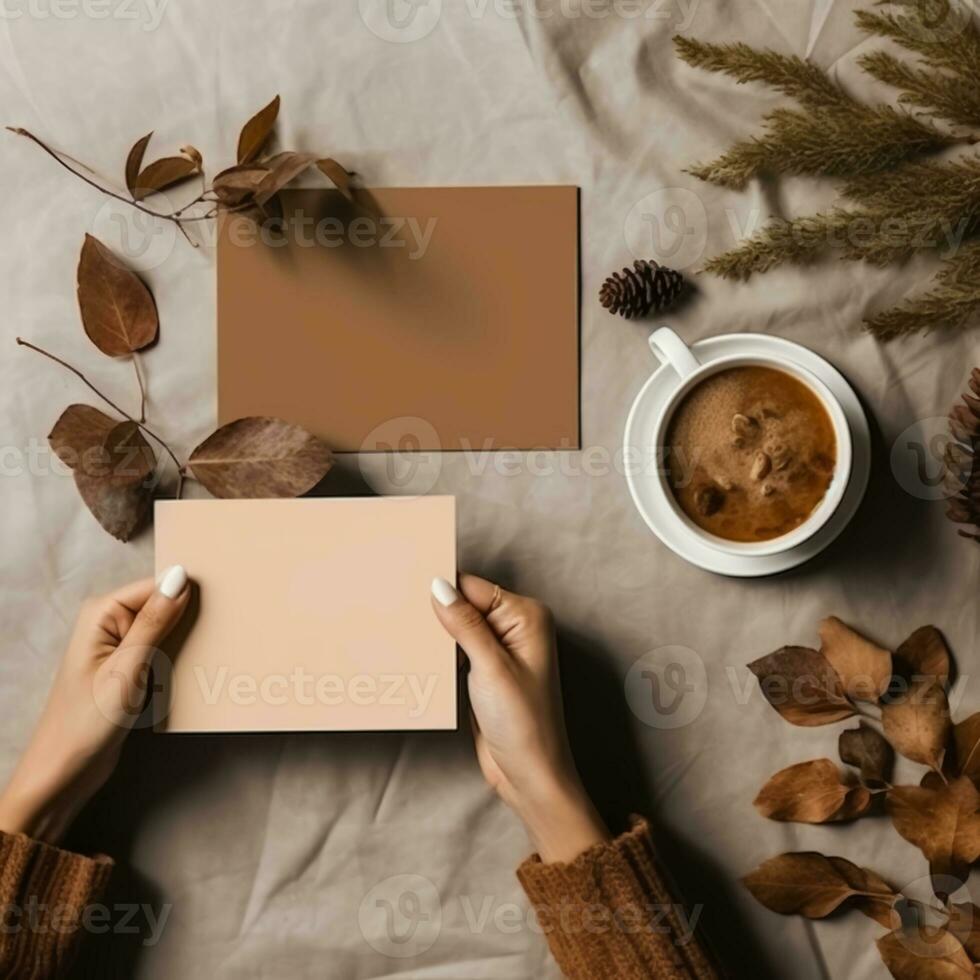 mockup with a white card and flowers in a minimalistic boho style.AI Generative photo