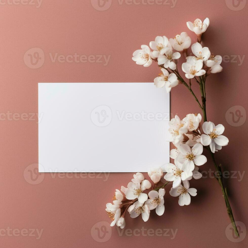 mockup with a white card and flowers in a minimalistic boho style.AI Generative photo