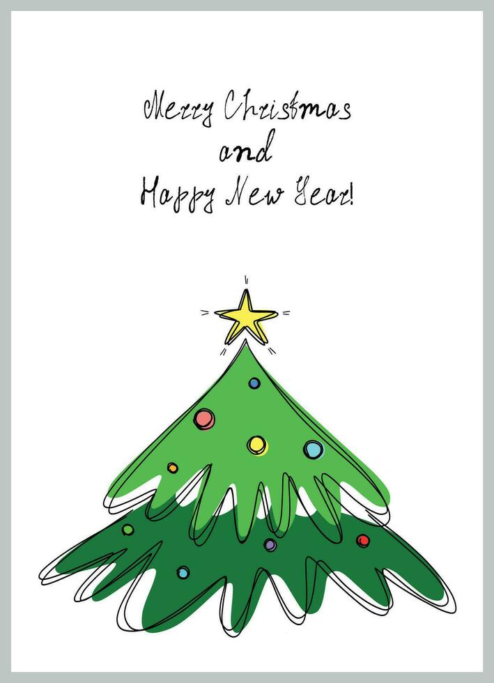 Minimalist Christmas greeting card design. Outline hand drawn spruce tree. Simple Christmas card with a Christmas tree. vector
