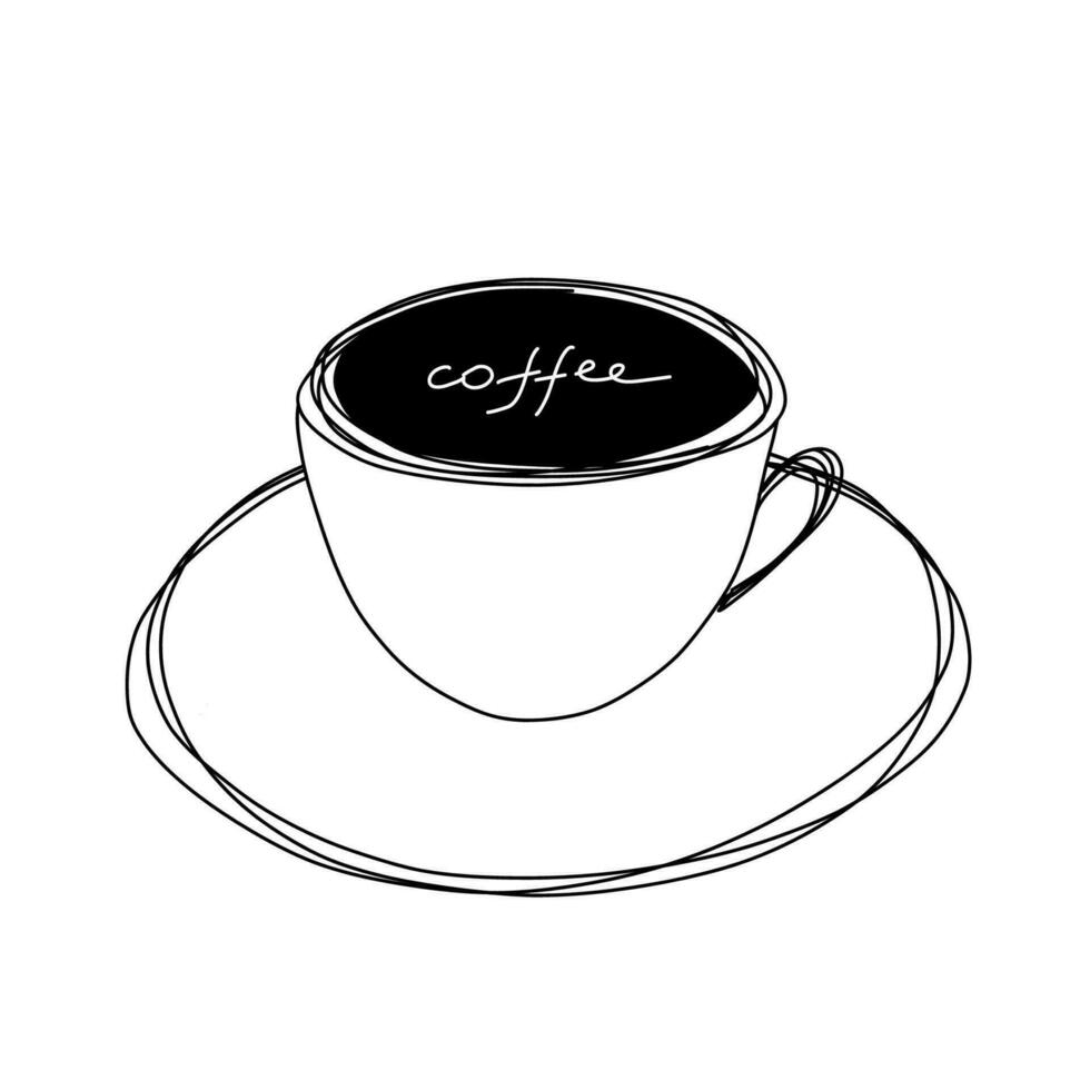 Doodle coffee cup. Line art on the white background. Hand drawn vector illustration for cafe and kitchen. Doodle cafe logo design.