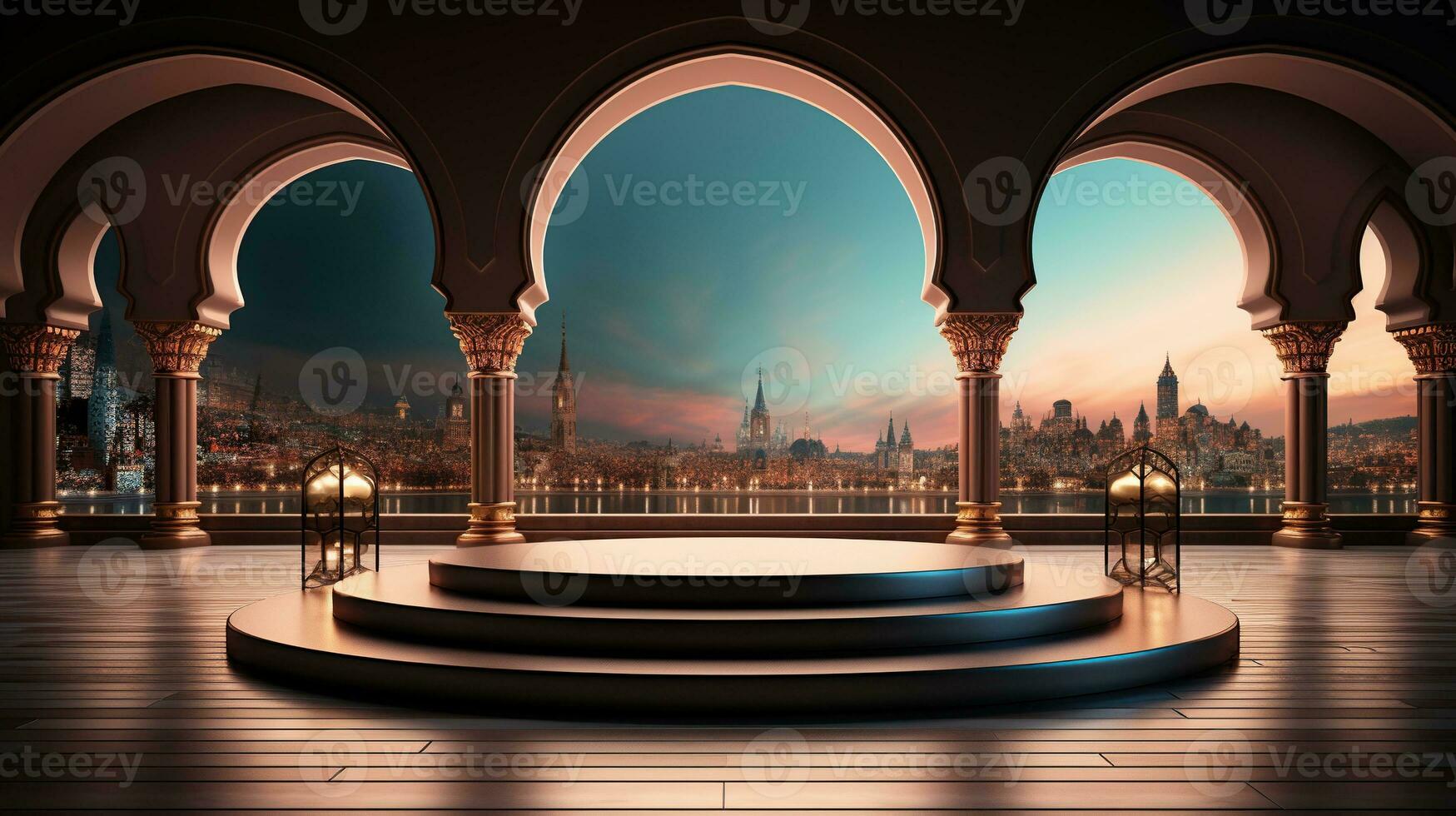 podium background in Ramadan holiday minimalism style . oriental arabic design with shades of beige colors. ai generative photo