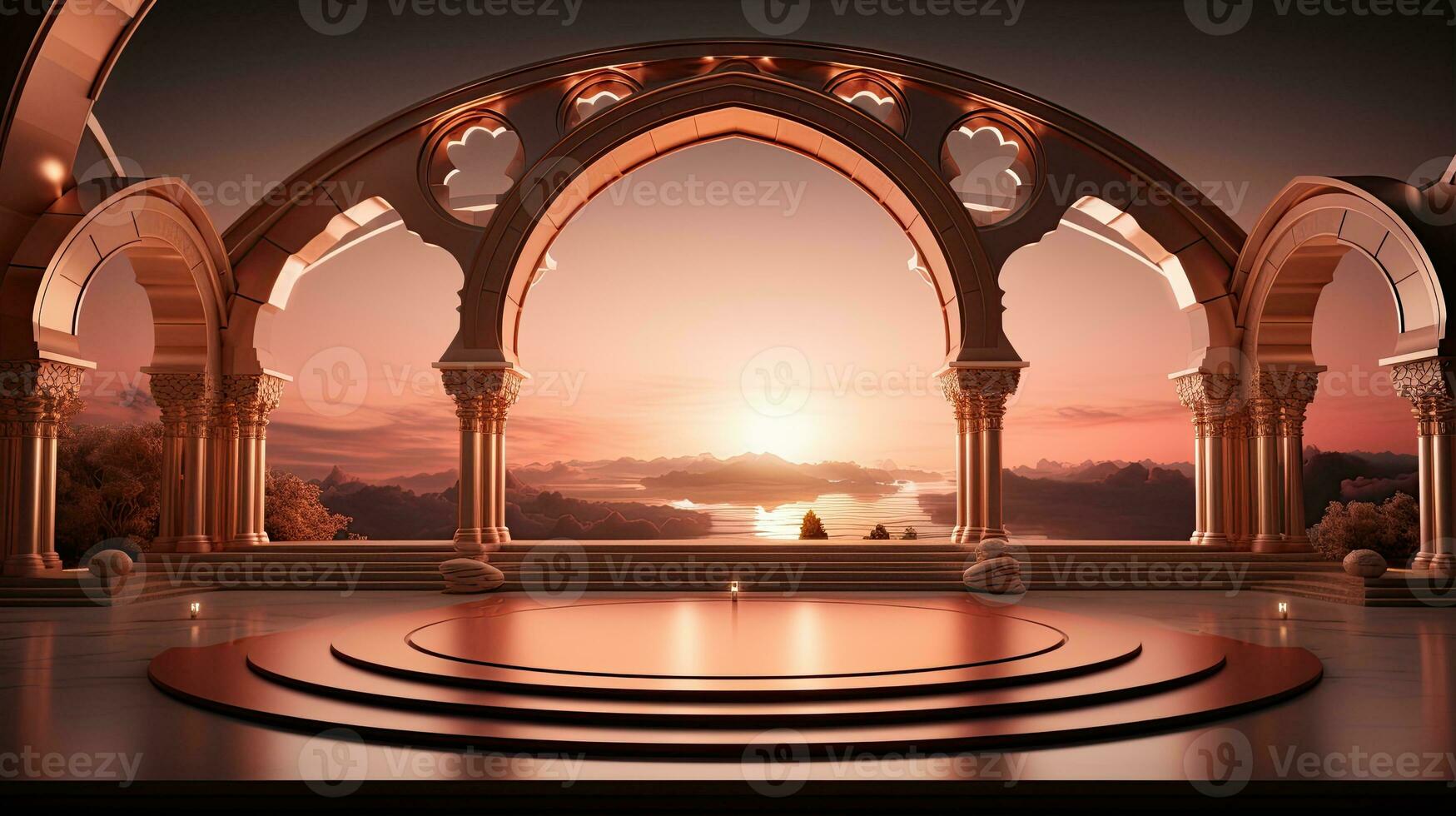 podium background in Ramadan holiday minimalism style . oriental arabic design with shades of beige colors. ai generative photo