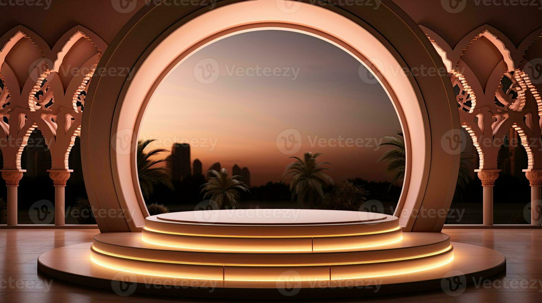 podium background in Ramadan holiday minimalism style . oriental arabic design with shades of beige colors. ai generative photo