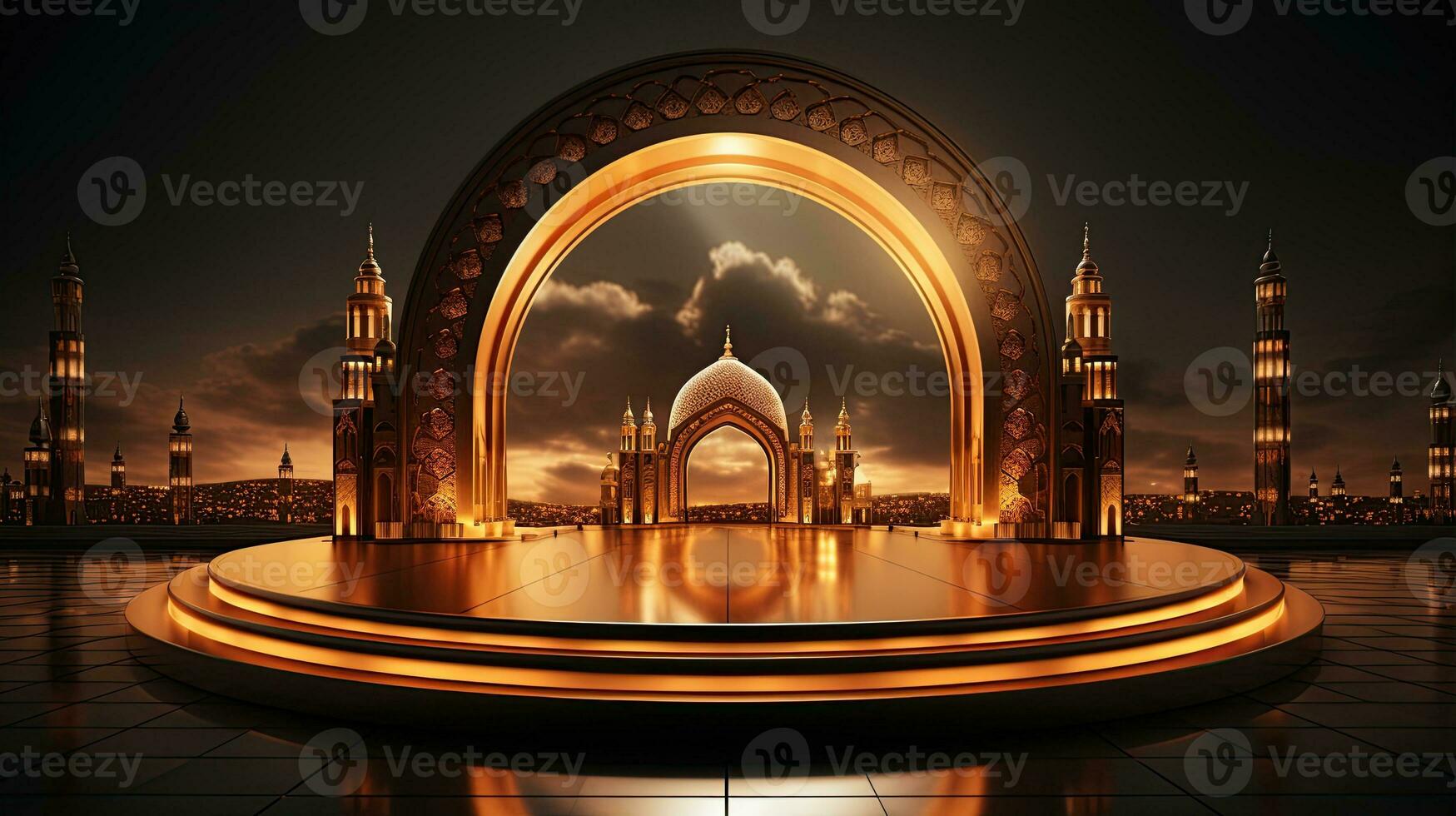 podium background in Ramadan holiday minimalism style . oriental arabic design with shades of beige colors. ai generative photo