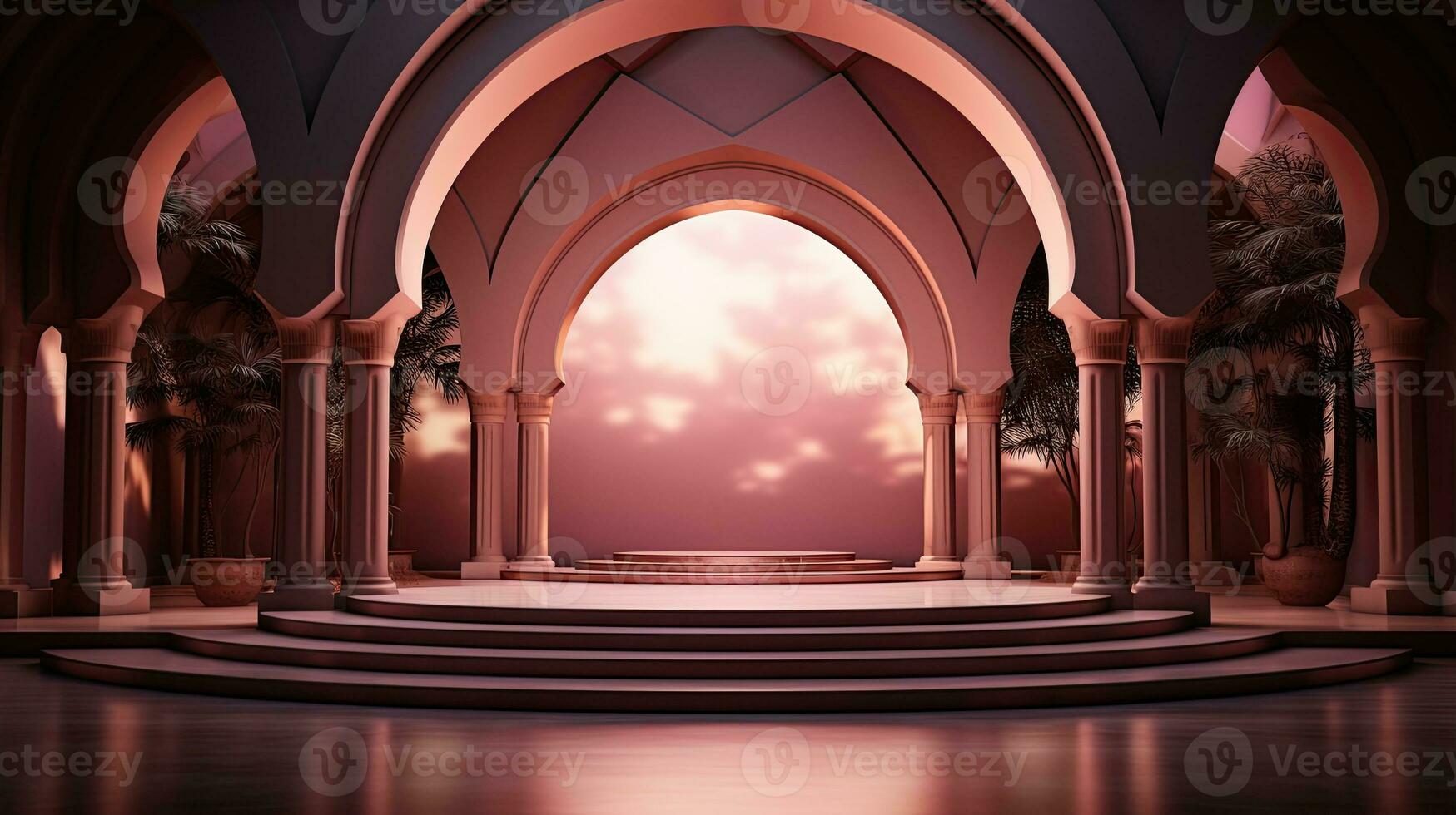 podium background in Ramadan holiday minimalism style . oriental arabic design with shades of beige colors. ai generative photo