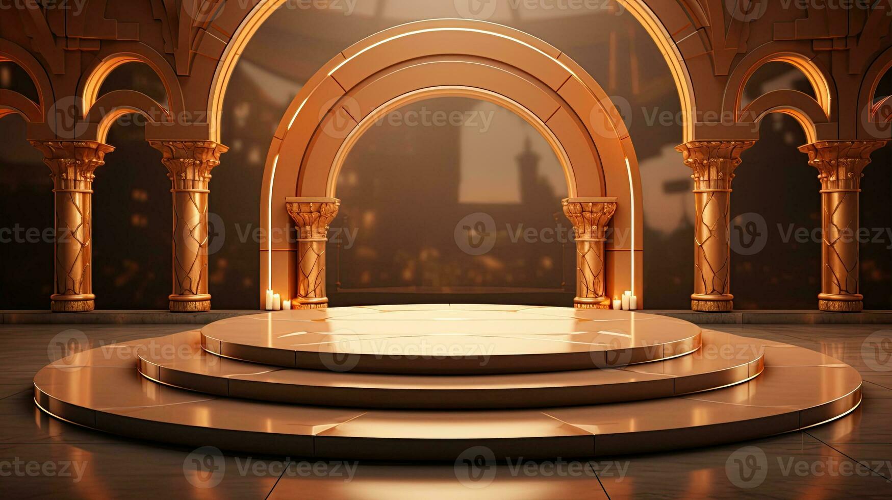 podium background in Ramadan holiday minimalism style . oriental arabic design with shades of beige colors. ai generative photo