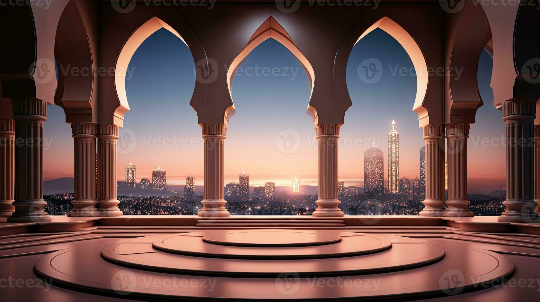 podium background in Ramadan holiday minimalism style . oriental arabic design with shades of beige colors. ai generative photo