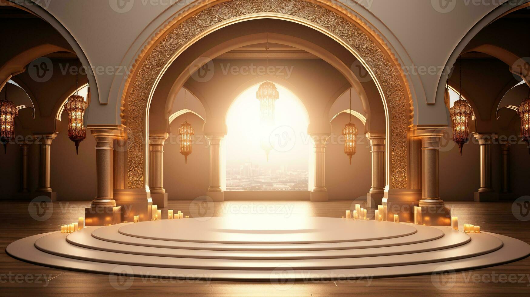 podium background in Ramadan holiday minimalism style . oriental arabic design with shades of beige colors. ai generative photo