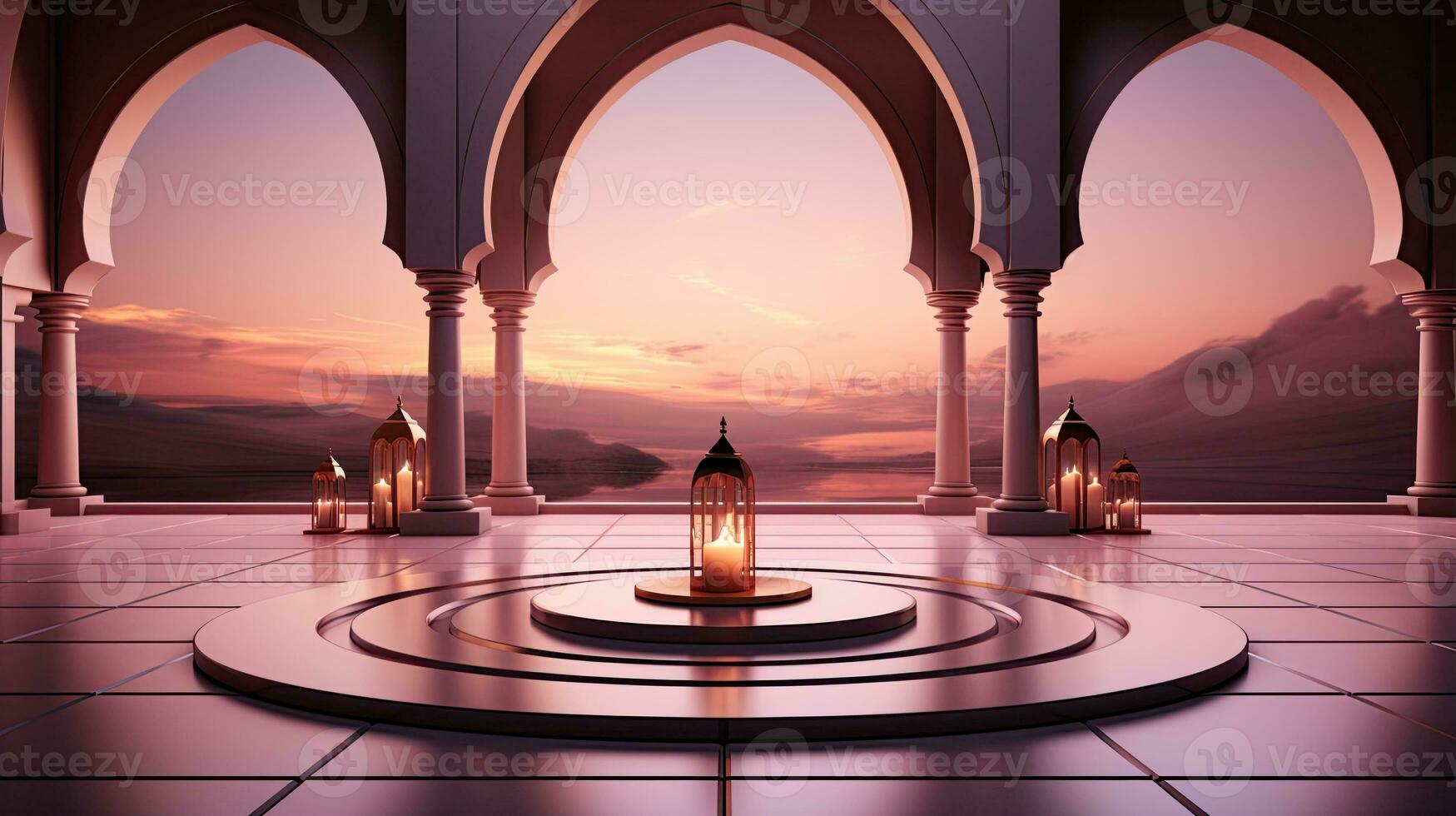 podium background in Ramadan holiday minimalism style . oriental arabic design with shades of beige colors. ai generative photo