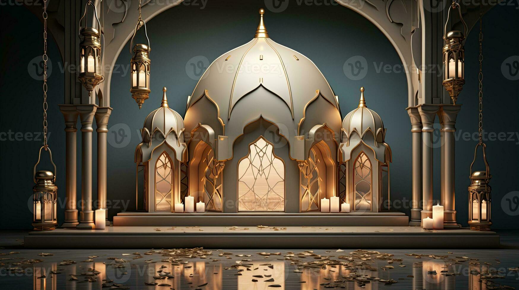 podium background in Ramadan holiday minimalism style . oriental arabic design with shades of beige colors. ai generative photo