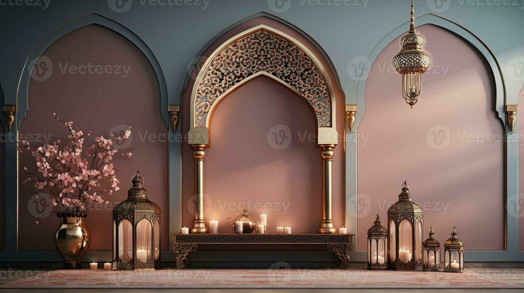 podium background in Ramadan holiday minimalism style . oriental arabic design with shades of beige colors. ai generative photo
