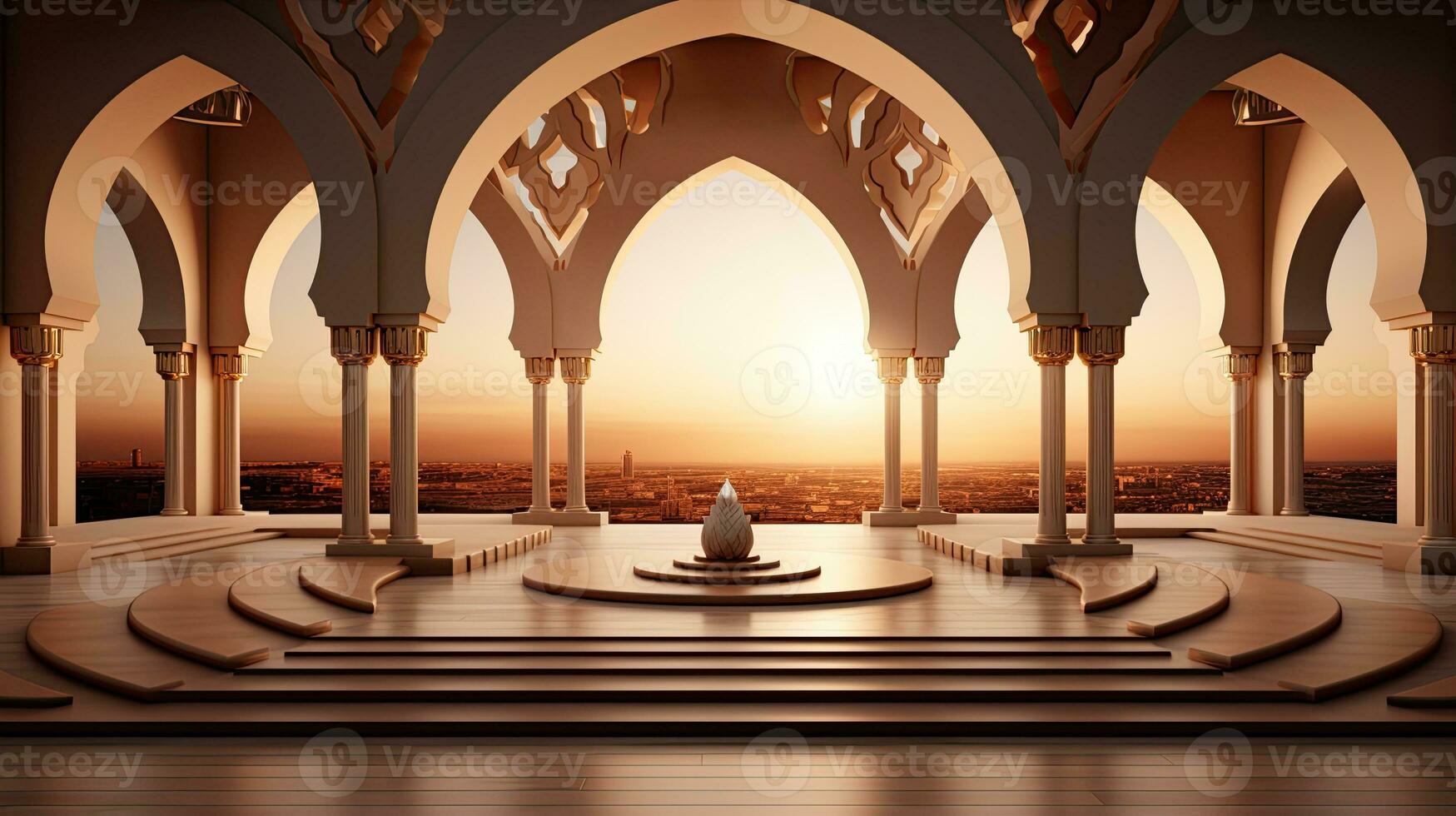 podium background in Ramadan holiday minimalism style . oriental arabic design with shades of beige colors. ai generative photo