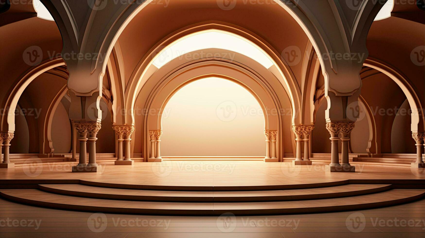 podium background in Ramadan holiday minimalism style . oriental arabic design with shades of beige colors. ai generative photo