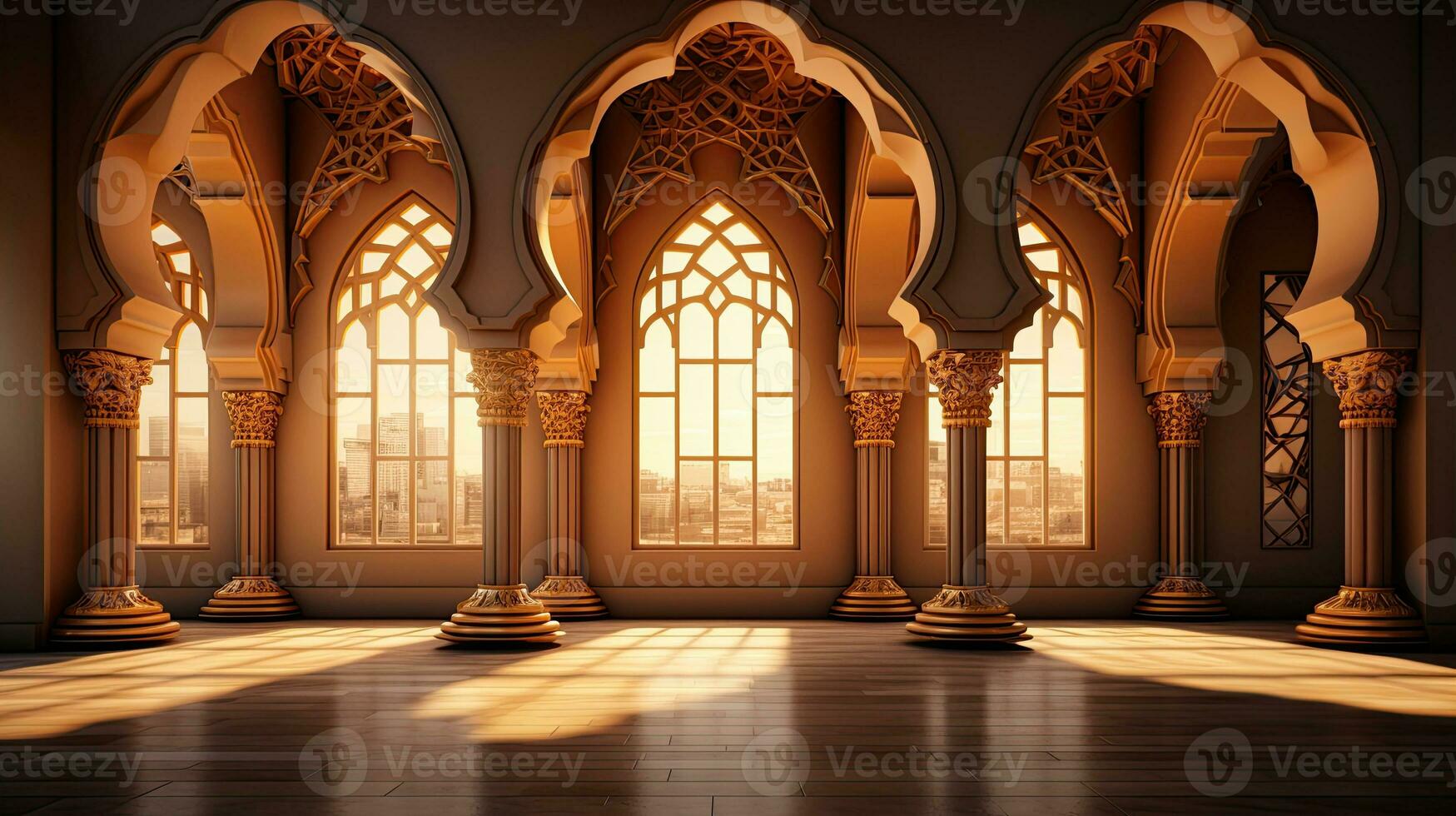 podium background in Ramadan holiday minimalism style . oriental arabic design with shades of beige colors. ai generative photo