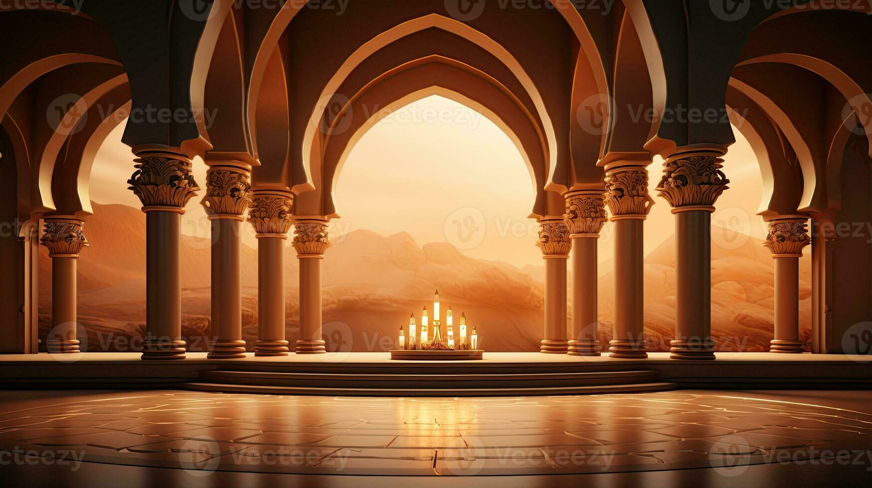 podium background in Ramadan holiday minimalism style . oriental arabic design with shades of beige colors. ai generative photo