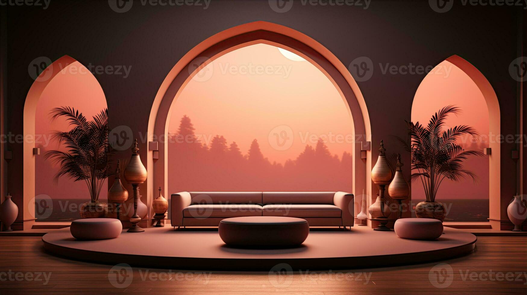podium background in Ramadan holiday minimalism style . oriental arabic design with shades of beige colors. ai generative photo