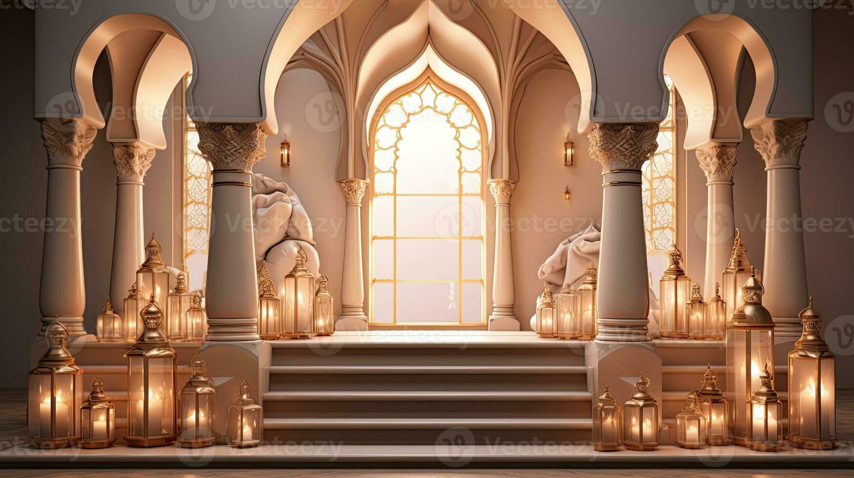 podium background in Ramadan holiday minimalism style . oriental arabic design with shades of beige colors. ai generative photo