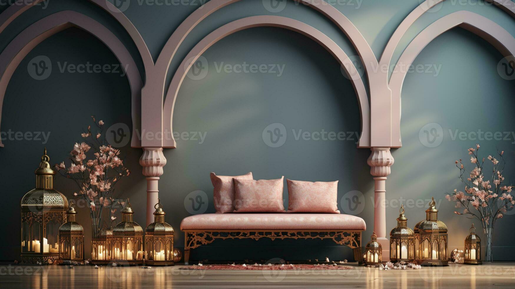 podium background in Ramadan holiday minimalism style . oriental arabic design with shades of beige colors. ai generative photo
