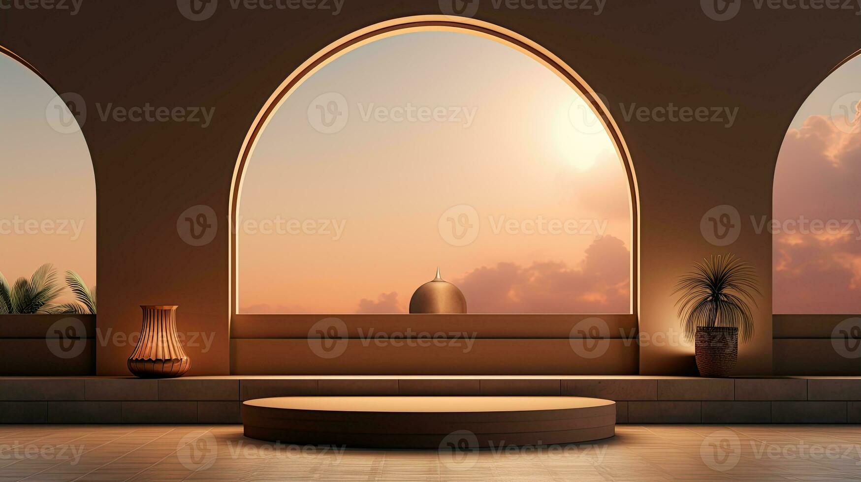 podium background in Ramadan holiday minimalism style . oriental arabic design with shades of beige colors. ai generative photo