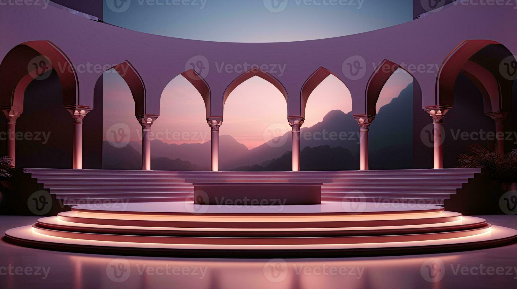 podium background in Ramadan holiday minimalism style . oriental arabic design with shades of beige colors. ai generative photo