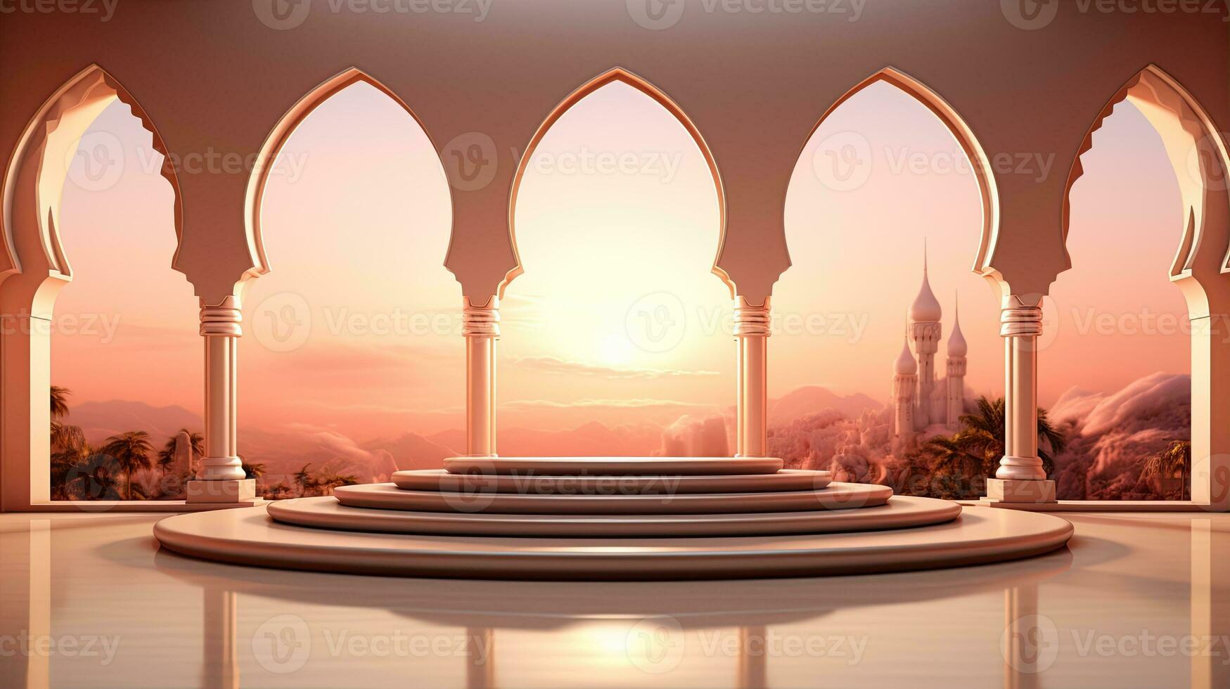 podium background in Ramadan holiday minimalism style . oriental arabic design with shades of beige colors. ai generative photo