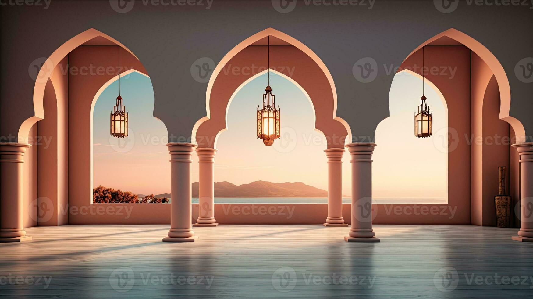 podium background in Ramadan holiday minimalism style . oriental arabic design with shades of beige colors. ai generative photo