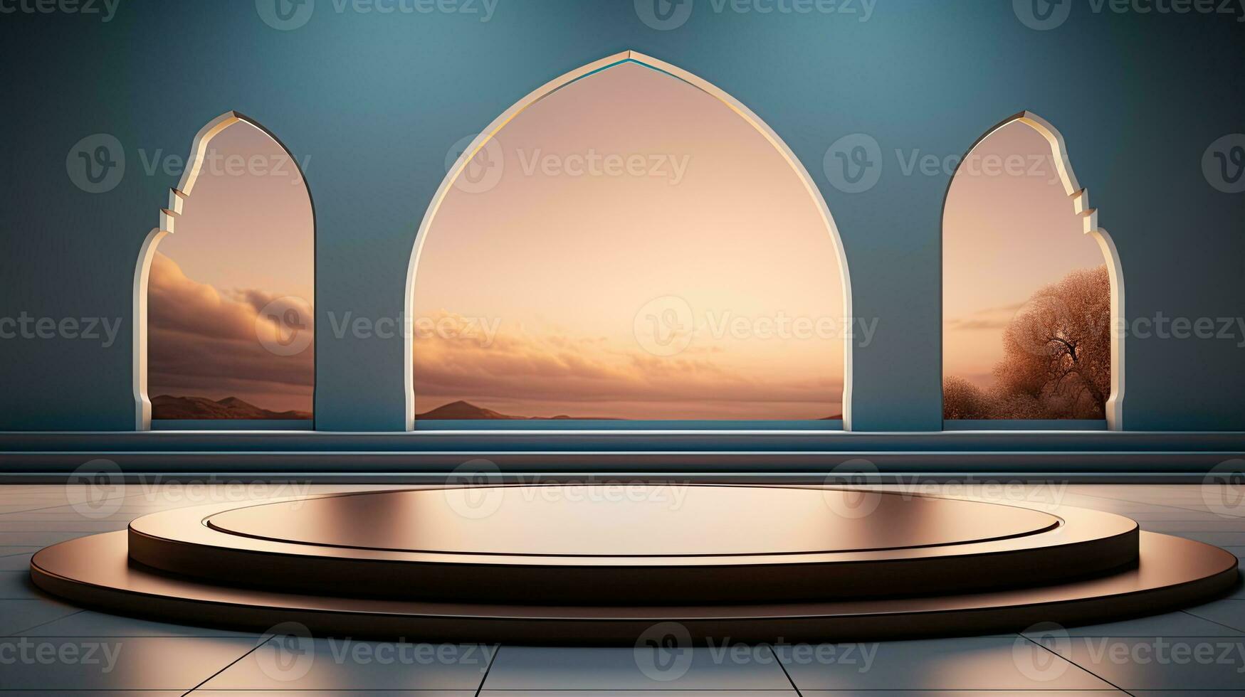 podium background in Ramadan holiday minimalism style . oriental arabic design with shades of beige colors. ai generative photo