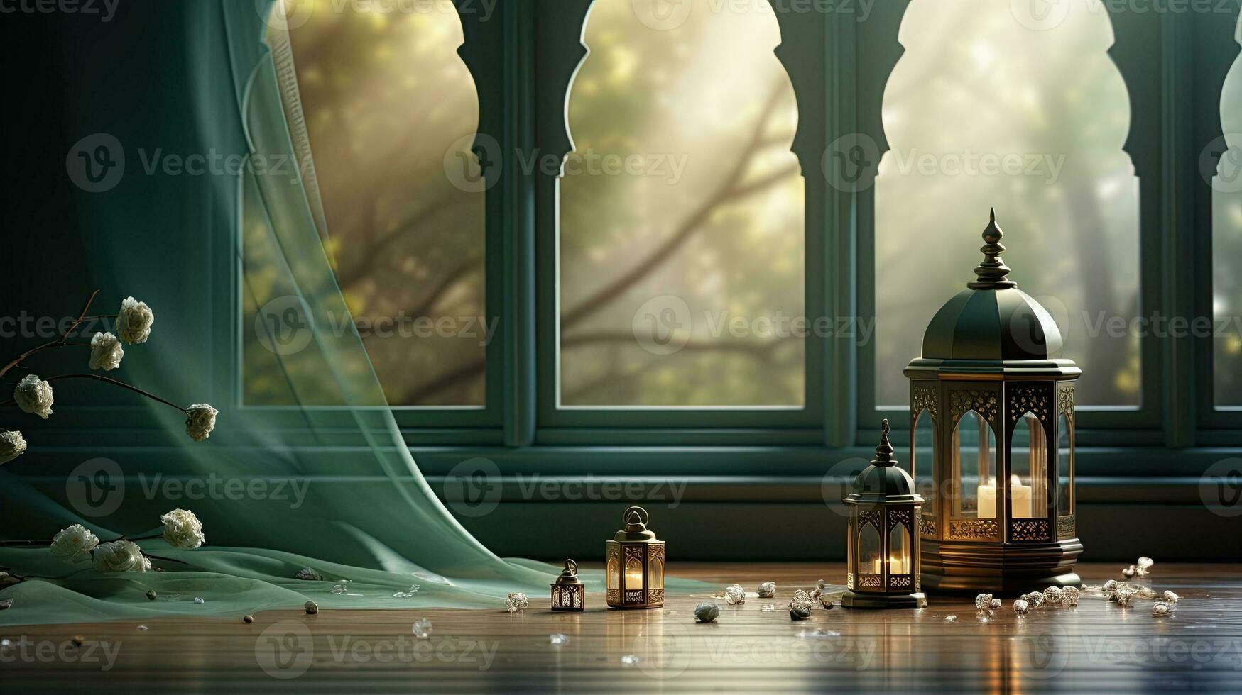podium background in Ramadan holiday style with lantern. oriental arabic design with shades of green. ai generative photo