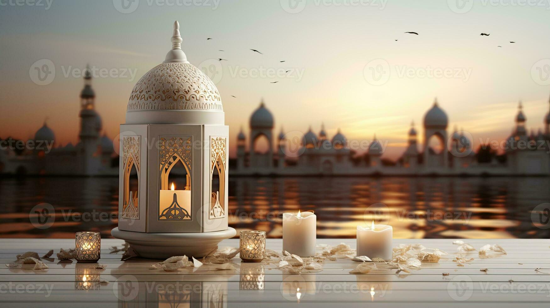 podium background in Ramadan holiday style with lantern. oriental arabic design with shades of gold. ai generative photo