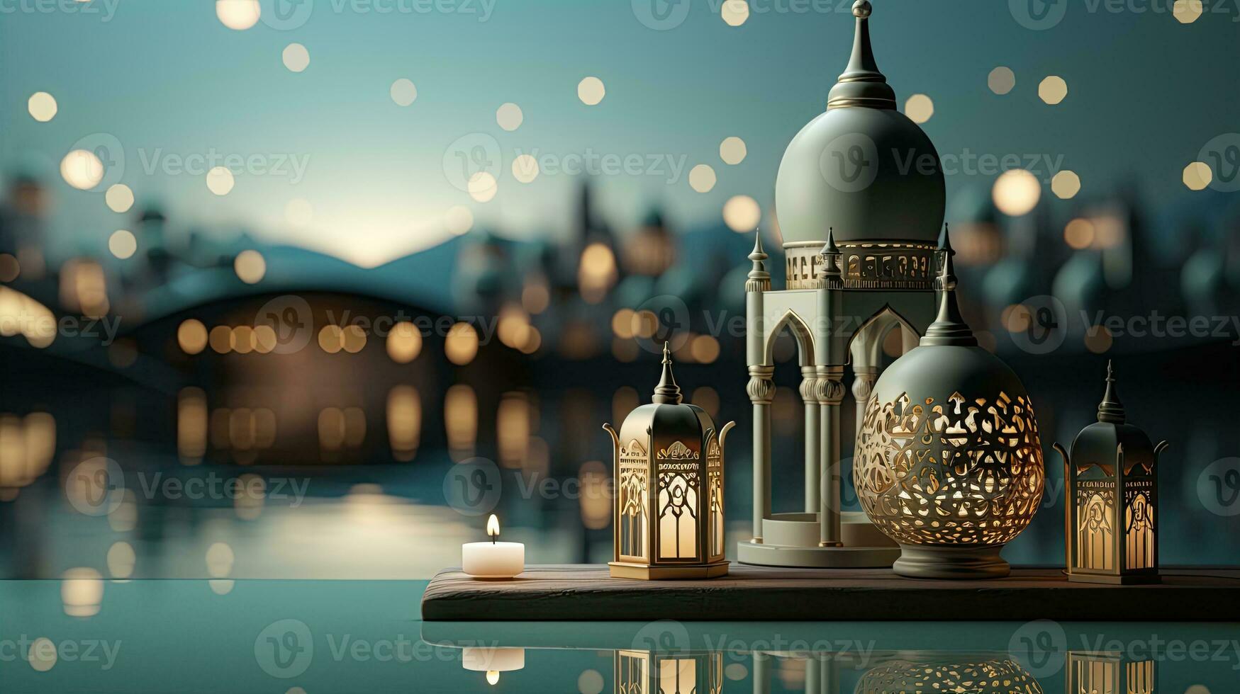 podium background in Ramadan holiday style with lantern. oriental arabic design with shades of gold. ai generative photo