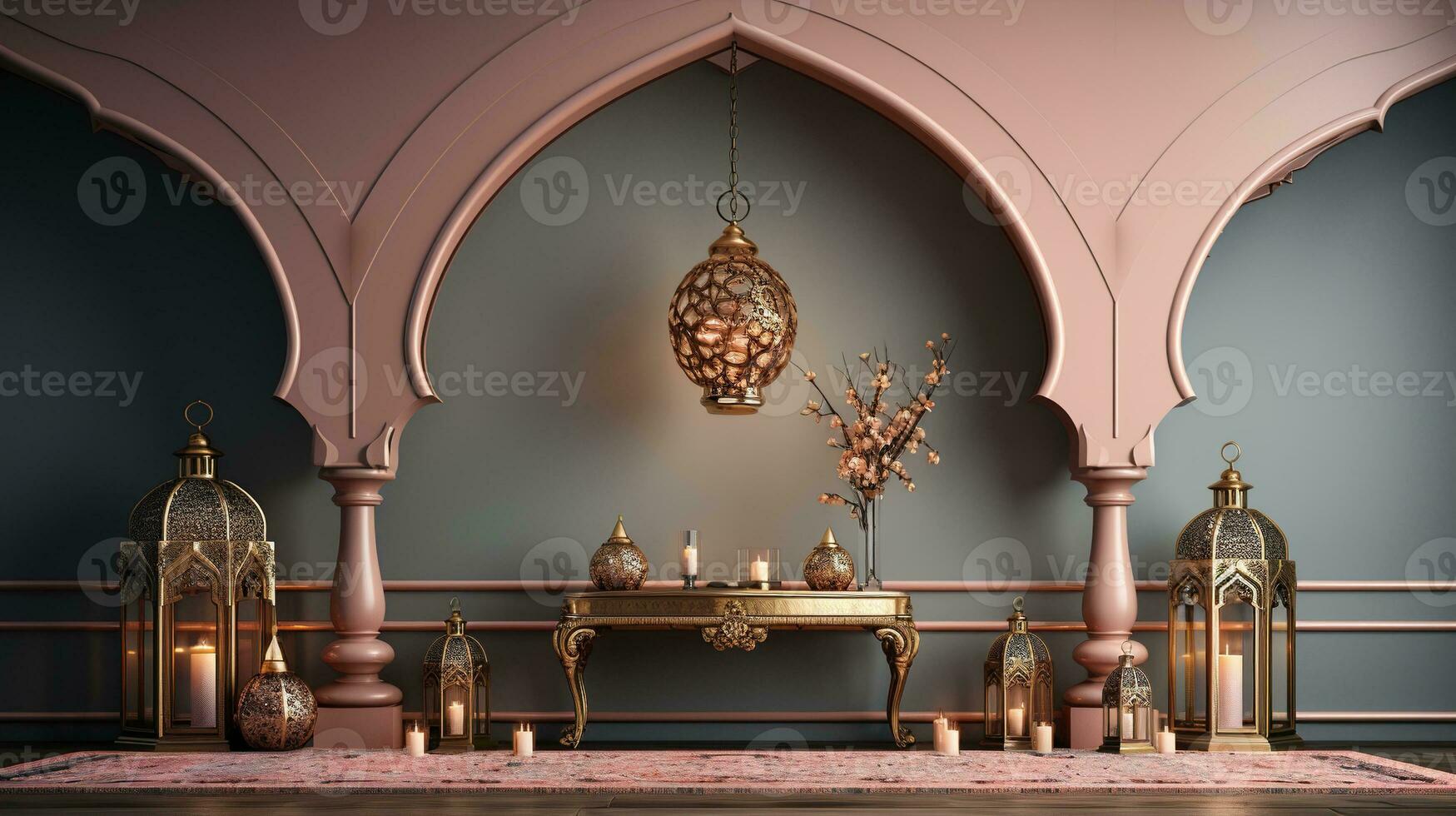 podium background in Ramadan holiday style with lantern. oriental arabic design with shades of gold. ai generative photo