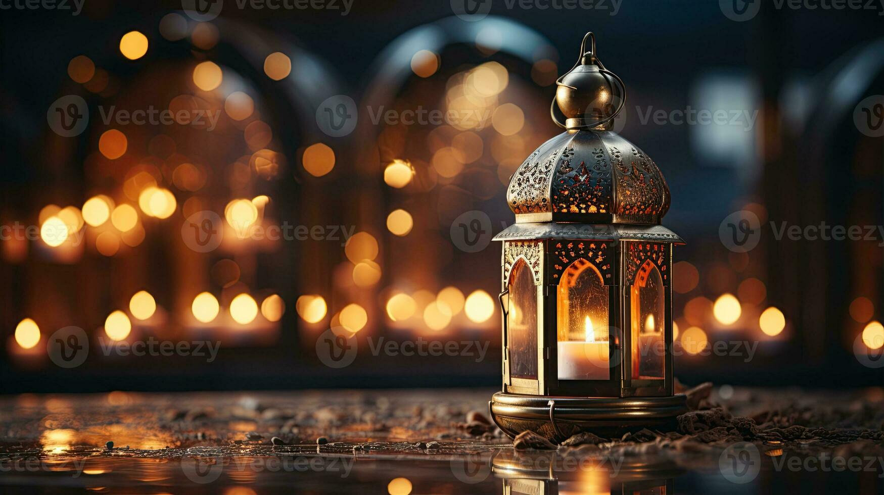 podium background in Ramadan holiday style with lantern. oriental arabic design with shades of gold. ai generative photo