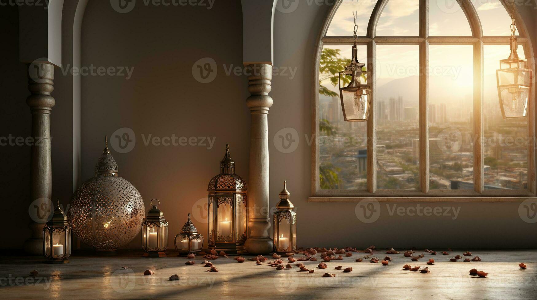 podium background in Ramadan holiday style with lantern. oriental arabic design with shades of gold. ai generative photo