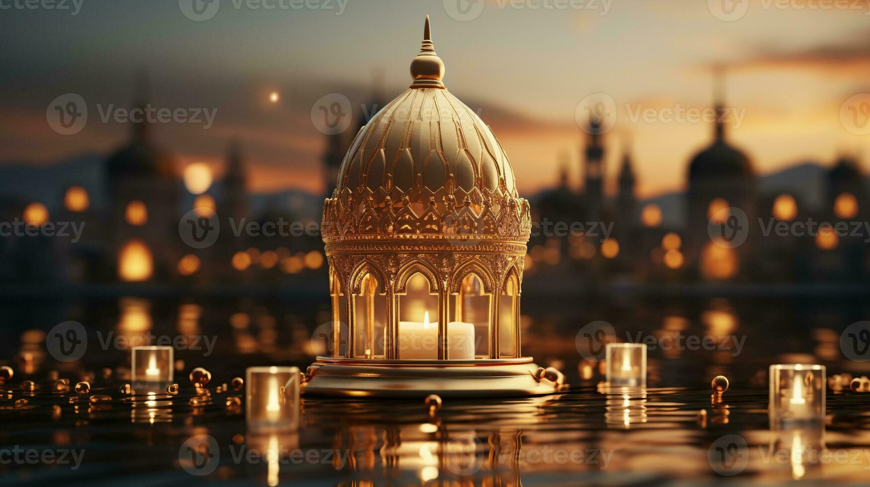 podium background in Ramadan holiday style with lantern. oriental arabic design with shades of gold. ai generative photo