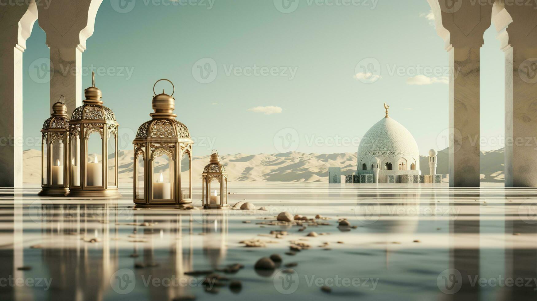 podium background in Ramadan holiday style with lantern. oriental arabic design with shades of gold. ai generative photo