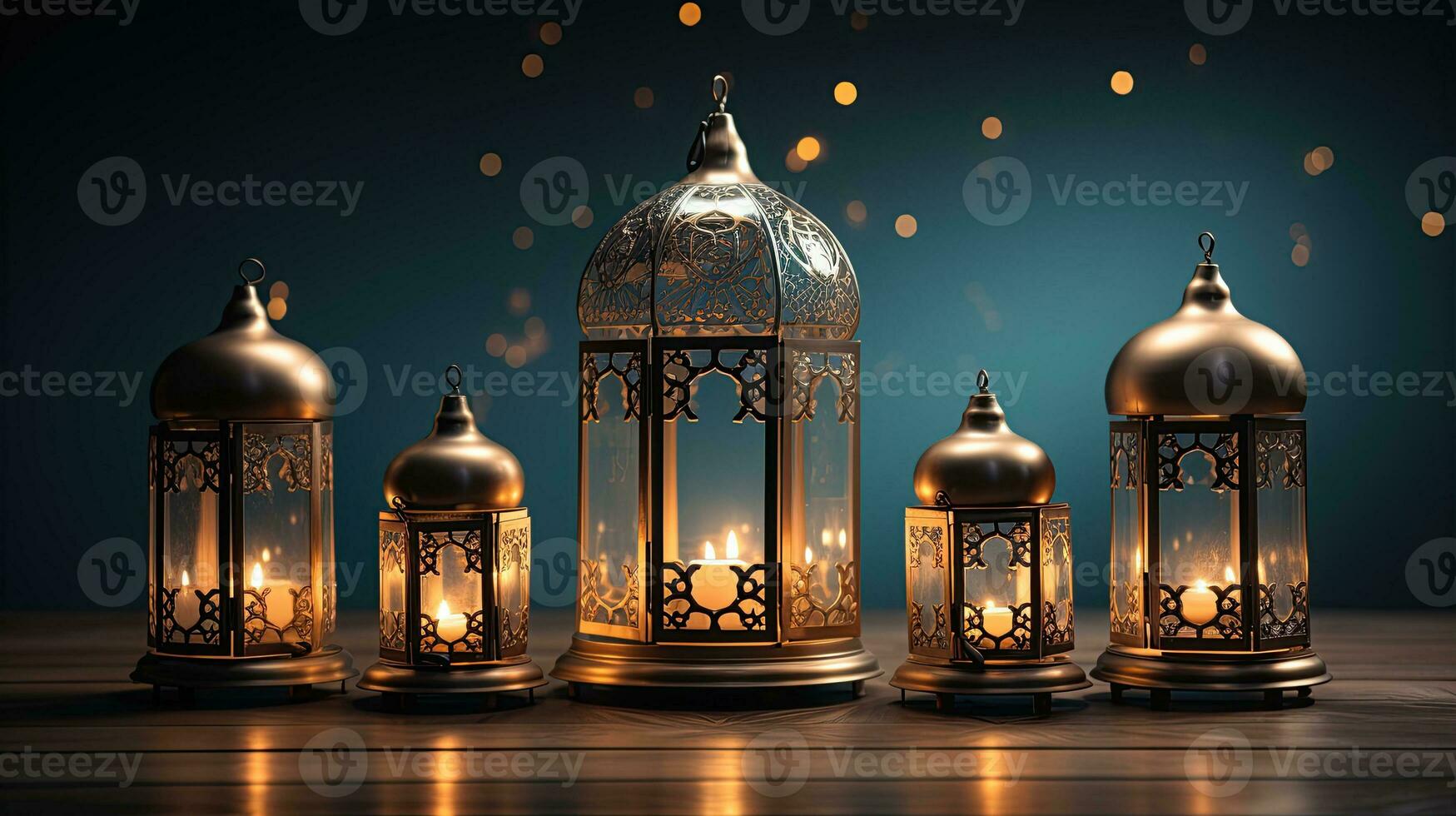 podium background in Ramadan holiday style with lantern. oriental arabic design with shades of gold. ai generative photo